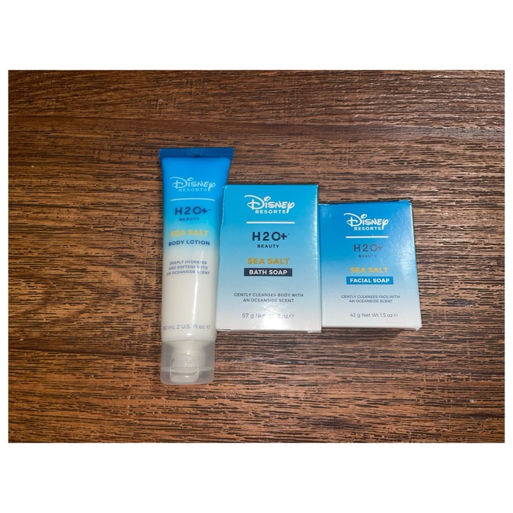 Set of 3 Disney H20+ travel size body lotion, facial soap bar and bath soap bar